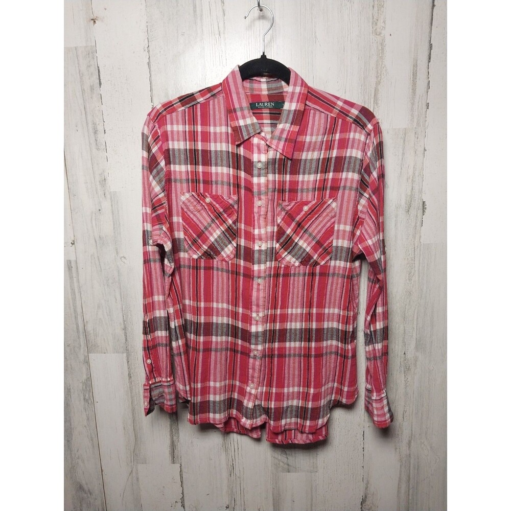 LAUREN RALPH LAUREN Women Berry Pink Plaid Shirt Large Long Sleeve Farm Western